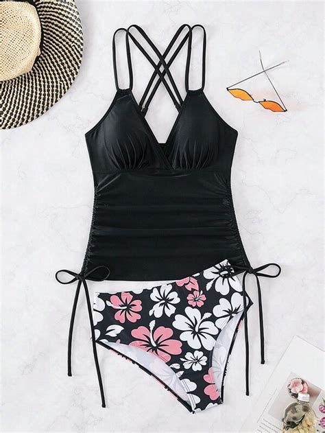 Shein Swim Classy Ba Ador Bikini Con Estampado Floral Con Tira Cruzada