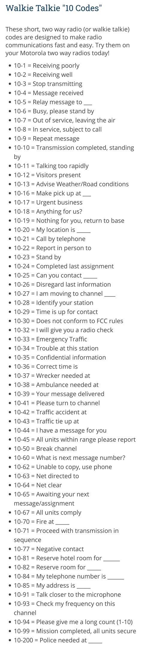 Walkie talkie 10 codes : r/coolguides