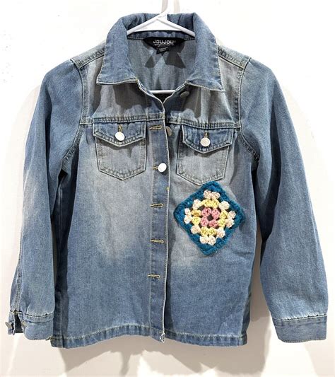 Rare Joujou Acid Wash Denim Blue Jean Jacket Crochet Gem