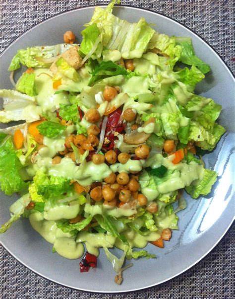 Avocado Ranch Salad With Roasted Red Peppers Bean Sprouts Mushrooms And Piri Piri Chickpeas