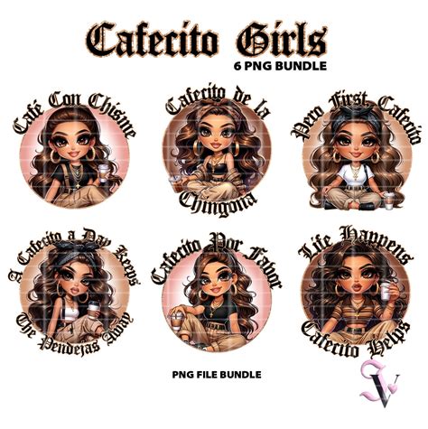 Cafecito Bundle Chicana Chola Chibi Style Latina Shirt PNG For DTF