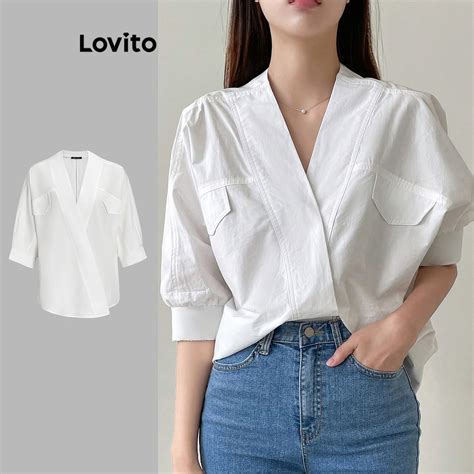 Lovito Women Fake Pocket Blouses L Ed White Shopee Philippines