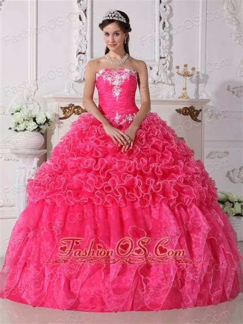 Modest Hot Pink Quinceanera Dress Strapless Organza Embroidery With