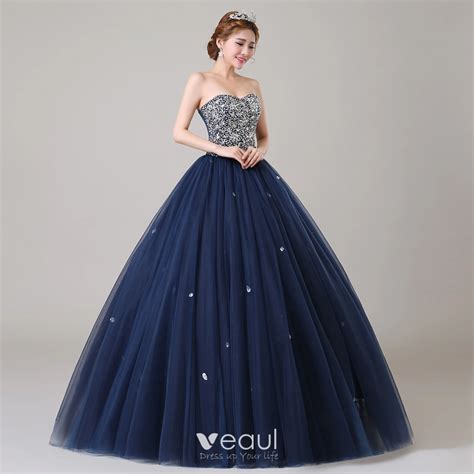 Classique Bleu Marine Robe De Bal 2019 Robe Boule Amoureux Perlage