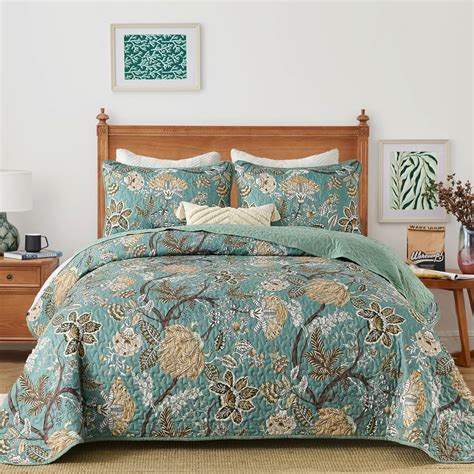 Djy Floral Quilt Set Queen Size Green Botanical Bedspread Coverlet Set