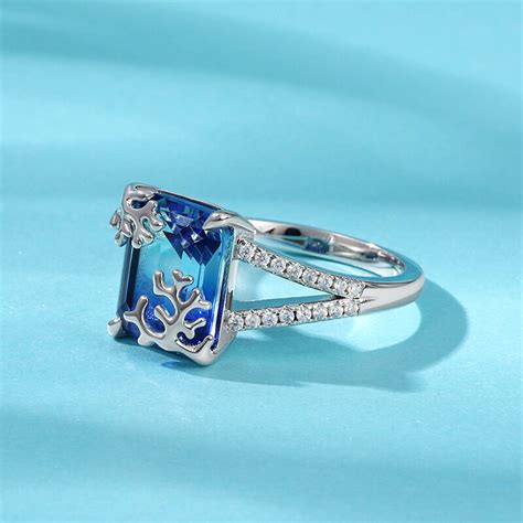 Anillo Azul De Plata De Ley Con Corte De Esmeralda Inspirado En Coral