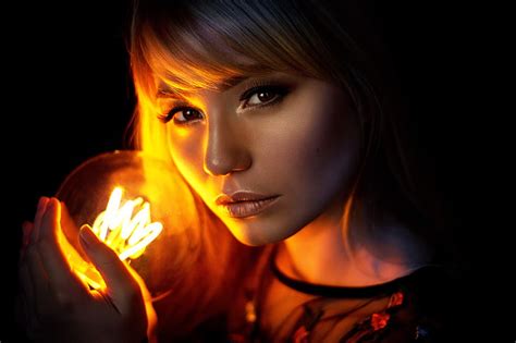 Hd Wallpaper Women Blonde Face Portrait Light Bulb Black