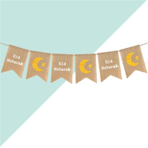 Burlap Banner Party Hanging Islam Bunting Eid Mubarak Pull Flag Muslim