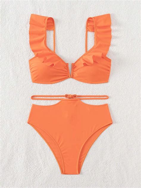 Conjunto De Bikini Bandeau De Borde Con Volantes De Color S Lido Con