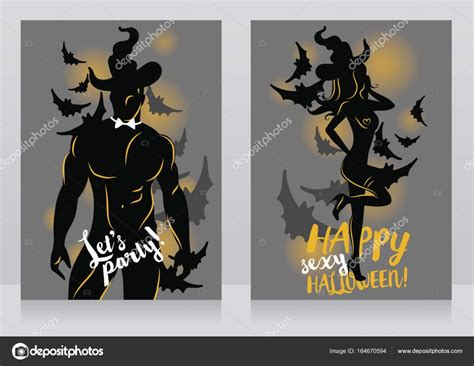 Banners For Adult Halloween Party With Sexy Man And Woman In Witch Hat And Bat S Silhouettes