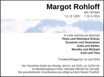 Traueranzeigen Von Margot Rohloff Trauer Nordkurier