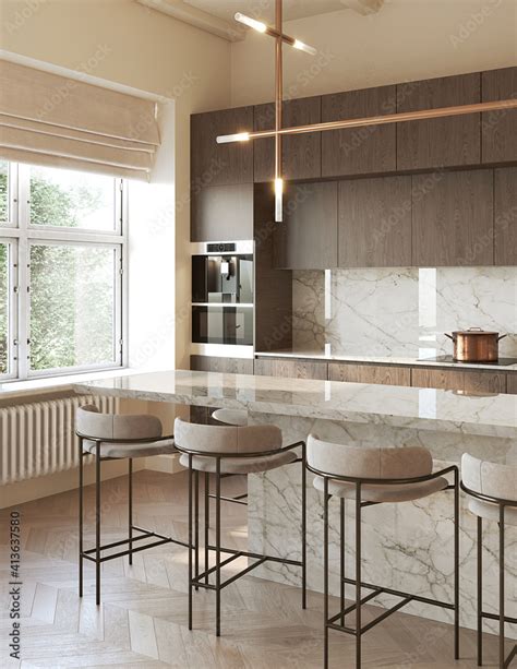 3d rendering of a modern beige kitchen with beige marble backsplash ...