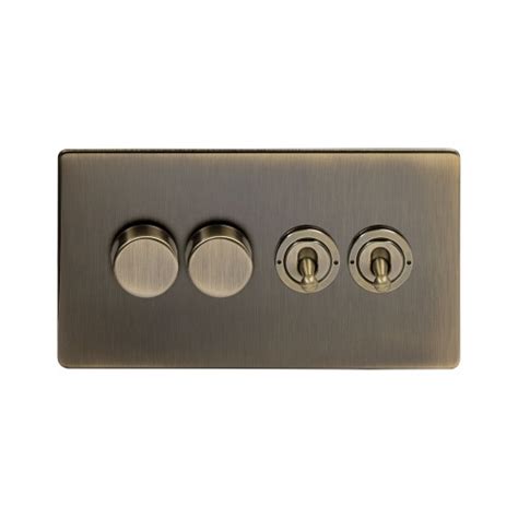 Antique Brass 4 Gang Switch With 2 Dimmers