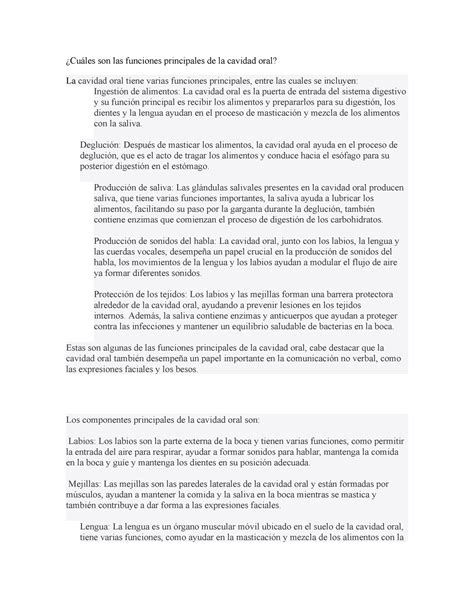 Cuáles son las funciones principales de la cavidad oral Cuáles son