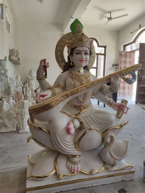 Painted Goddess Saraswati Marble Sarasvati Mata Statue At In Jaipur