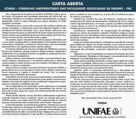 Carta aberta UNIFAE SÃO JOÃO DA BOA VISTA