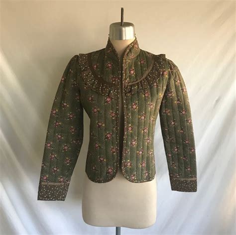 S Green Calico Floral Quilted Boho Jacket Ruffle Jacket Open Front