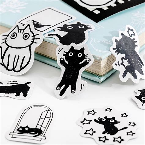 45pcs Kawaii Cute Cats Stickers Self Adhesive Scrapbooking Stickers Black Cat Theme Stickers