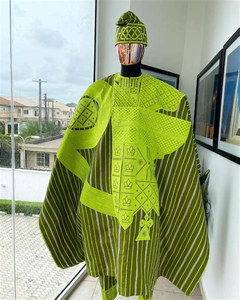 A Stripe Lemon Green And Olive Green Aso Oke Regal Agbada By Dejiandko