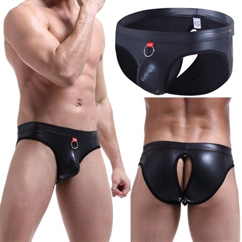 Men PU Leather Thongs Jockstrap Bikini G String Boxer Briefs Underwear Open Butt EBay