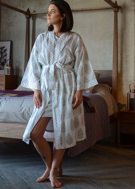 Cotton Kimono Robe Block Print Natural Bed Company