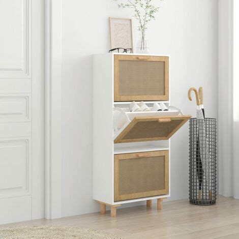 Shoe Cabinet White 52x25x115 Cm Engineered Wood Natural Rattan VidaXL