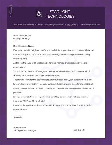 Purple Simple Minimalist Technology Offer Letter Venngage