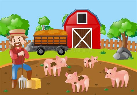 Farmer And Pigs In The Mud Field Stock Illustration Illustration Of