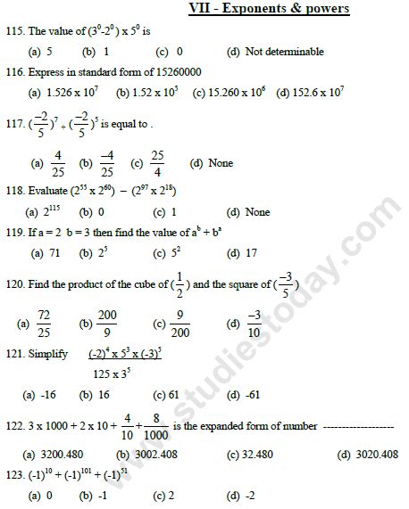 Cbse Class Mathematics Exponents And Powers Mcqs Multiple Choice