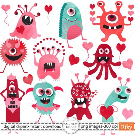 Valentine Monster Clipart, Monster Valentine PNG, Watercolor Monster Clip Art, Monster PNG ...