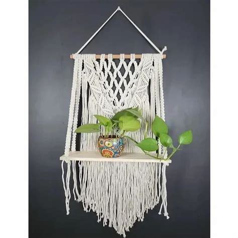 White Cotton Boho Bliss Macrame Shelf Wall Hanging For Decoration At