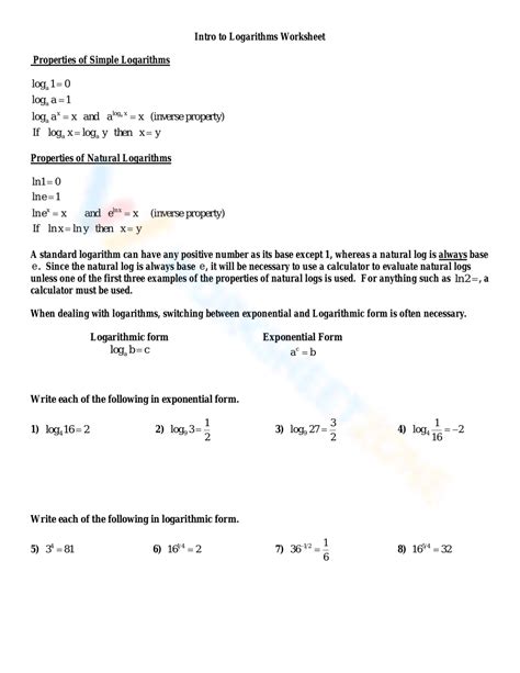 Intro To Logarithms Worksheet Worksheet