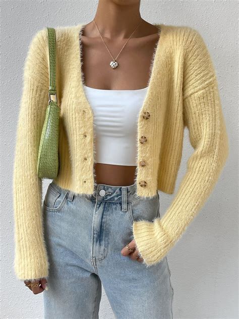 Cardigans Malha Fofa Ombro Ca Do Casual Outfits Yellow Cardigan