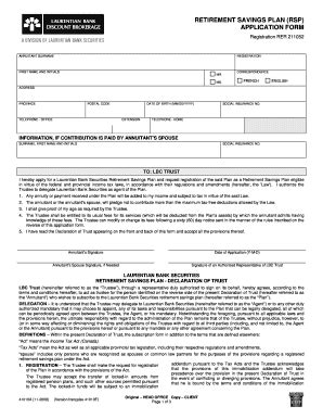 Fillable Online RETIREMENT SAVINGS PLAN RSP APPLICATION FORM Fax