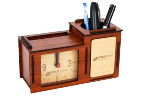 X X Inch Customized Wooden Table Clock Pen Stand At Desktop