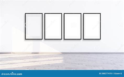 Frame Mockup With 4 Frames For Gallery Wall On An Empty White Wall 3d