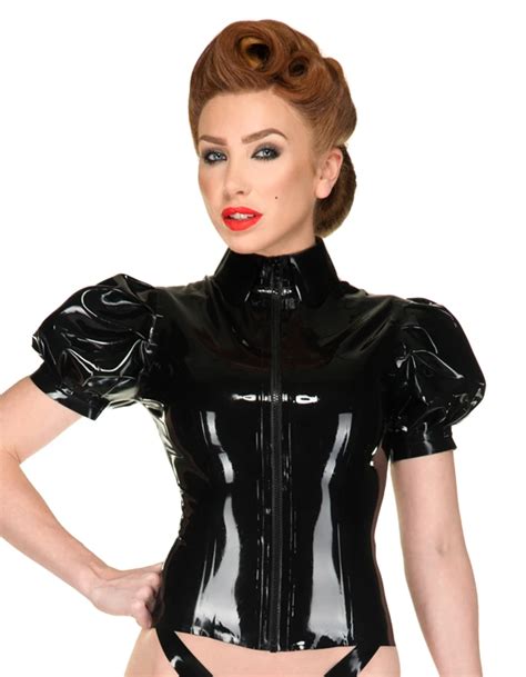 Wet Look Latex Sexy Costumes Latex Blouse Latex Out Fit With Puff Sleeves High Shirt Style