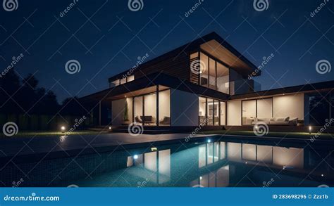 Modern Luxury House with a Swimming Pool at Night, Neural Network ...