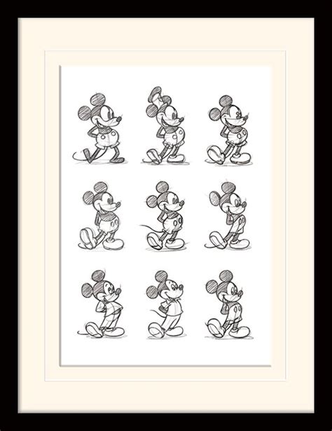 Mickey Mouse Sketched Multi Mounted And Framed 30 X 40cm Print The