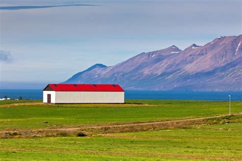 Casa Islandesa De Revestimiento Blanco Con Techo Rojo Foto Premium