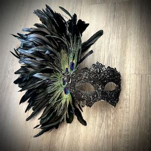 Black Feather Mask, Lace Masquerade Mask With Side Feather, Rhinestone ...