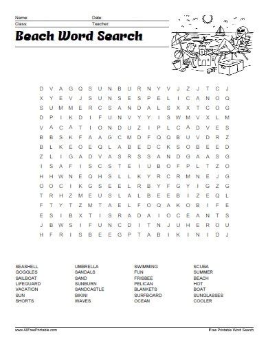 Beach Word Search – Free Printable