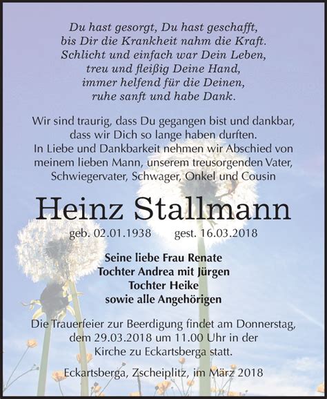 Traueranzeigen Von Heinz Stallmann Abschied Nehmen De