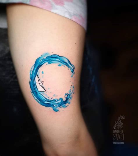 Watercolor Tattoo Design: Blue Wave with White Boat