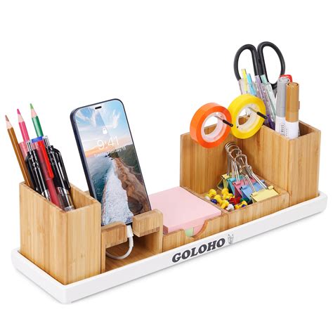 Buy Bamboo Desk Organizer With Pen Holder Pencil Cup Phone Holder