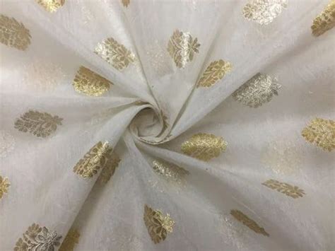 Cotton Chanderi Silk Fabric Dyeable White With Golden And Silver Motifs