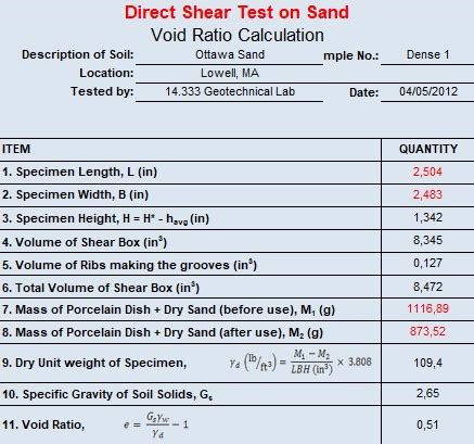 Direct Shear Test On Sand Void Ratio Calculation Spreadsheet