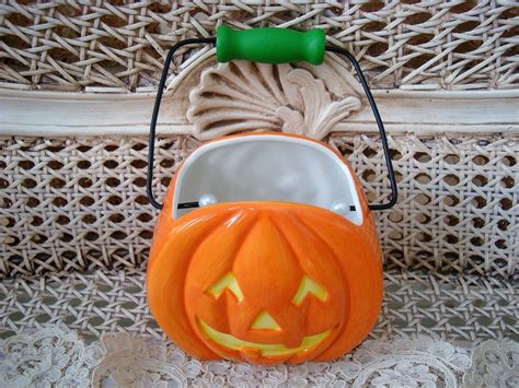 Halloween Ceramic Pumpkin Jack Olantern Basket Unique