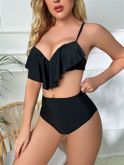 Shein Swim Basics Conjunto De Bikini Liso Sujetador De Tirante Fluido