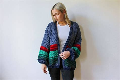 Oversize Chunky Knit Striped Cardigan Textured Colored Hand Etsy